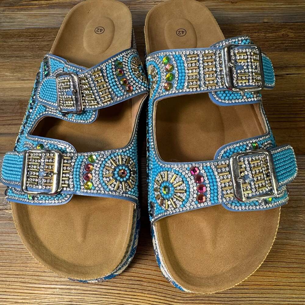Boho Rhinestone Beaded Platform Sandals Turquoise Double Buckle Slide Size 11 - Picture 3 of 8